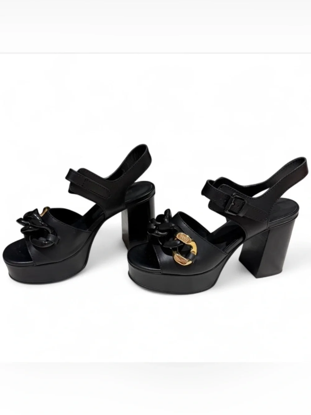 See By Chloe Black Leather Platform Sandals with Gold Accent